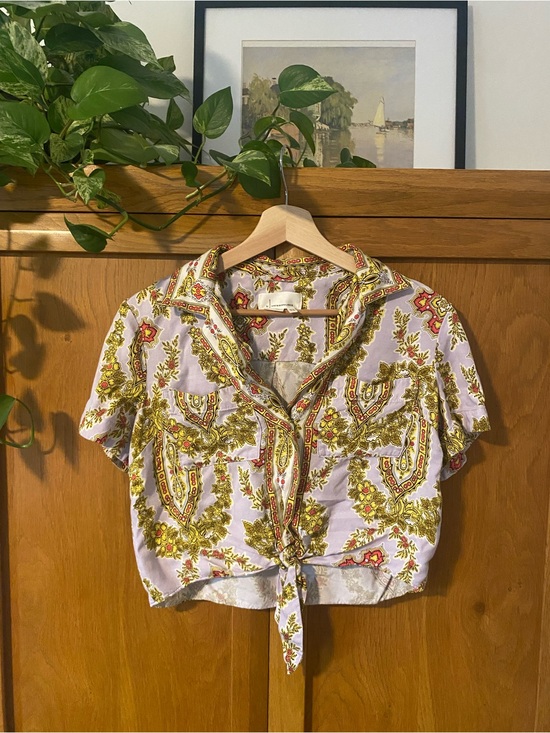 Anthropologie Tops - Tie-Front Printed Crop Shirt - Lavender/Olive